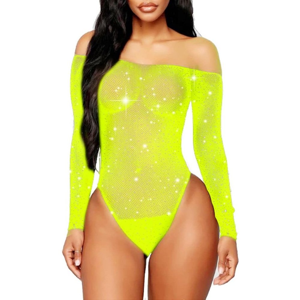Women Parrot Sexy Sparkle Rhinestone Teddy Fishnet Sleeve One Piece Bodysuit